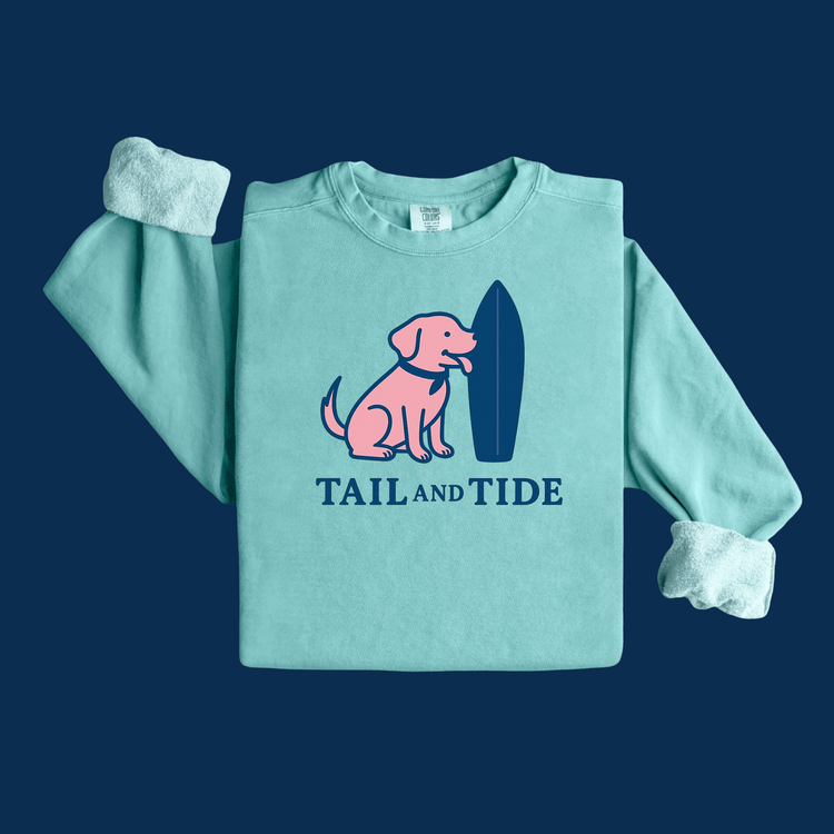 Coastal dog mom sweatshirts with embroidered Labrador-inspired surfboard logo β Tail & Tide Co.
