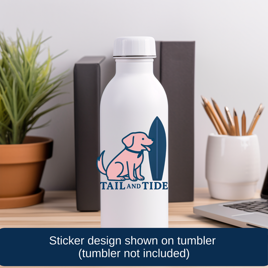 Tail & Tide Co. logo sticker with pink dog and navy surfboard displayed on a water bottle, beachy dog mom lifestyle accessory.