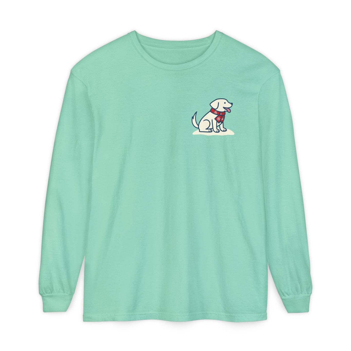 Teal long sleeve tee with Tail & Tide’s vintage winter logo of a cream Labrador, teal surfboard with red line, and falling snowflakes.