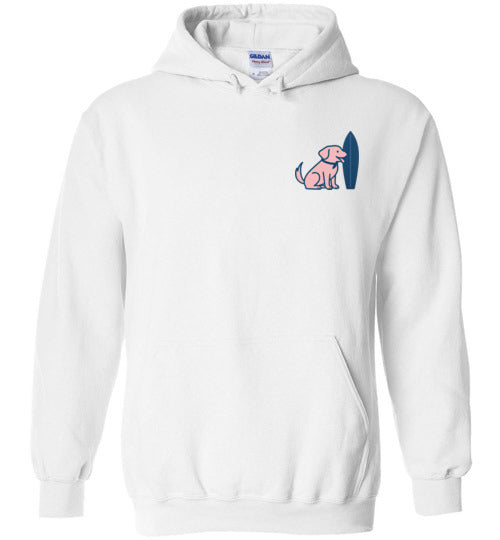 White Vintage Tail & Tide Logo Hoodie with pink dog and navy surfboard logo on front chest, beach dog mom hoodie.