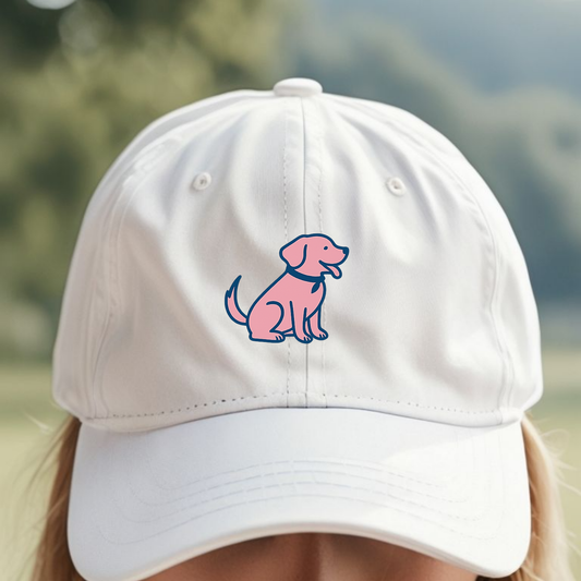 Lifestyle photo of coastal dog mom wearing white embroidered Labrador-inspired hat – Tail & Tide Co