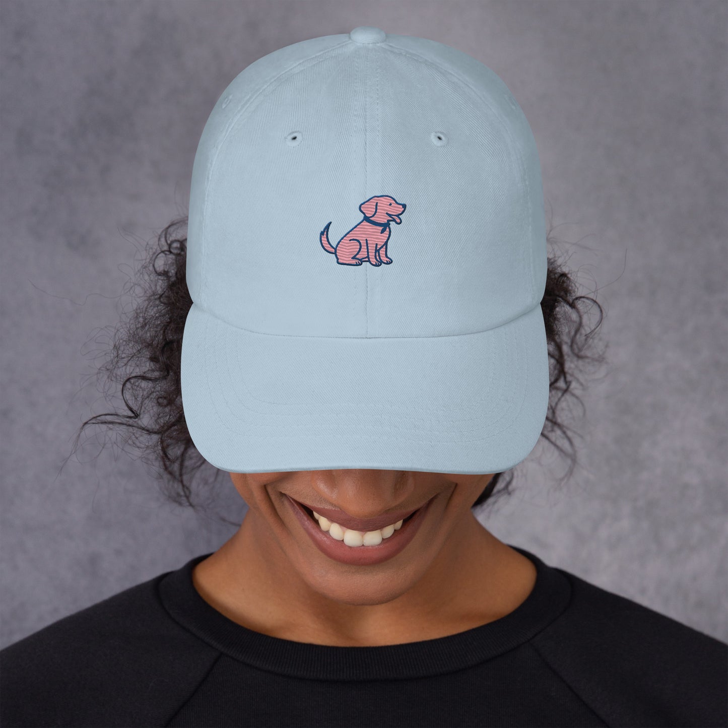 Coastal lifestyle mockup of light blue embroidered dog mom hat with Labrador logo – Tail & Tide Co