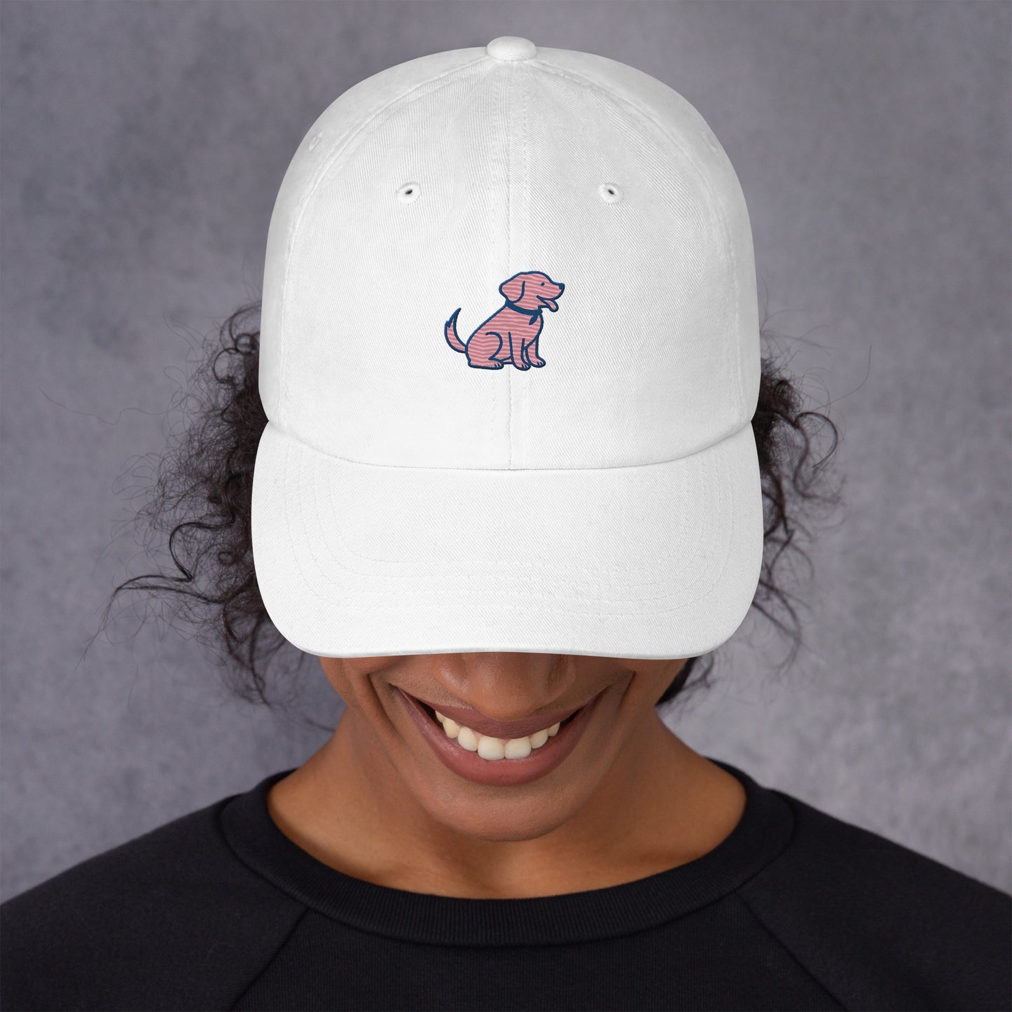 Coastal lifestyle mockup of white embroidered dog mom hat with Labrador logo – Tail & Tide Co.