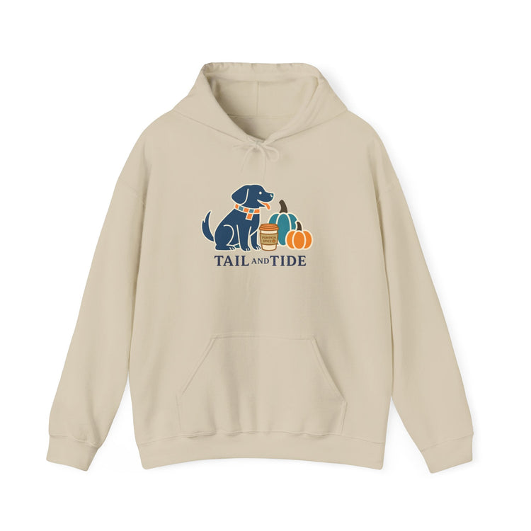 Fall Labrador hoodie in blush pink and navy with pumpkin-inspired design, Tail & Tide coastal dog mom gear.