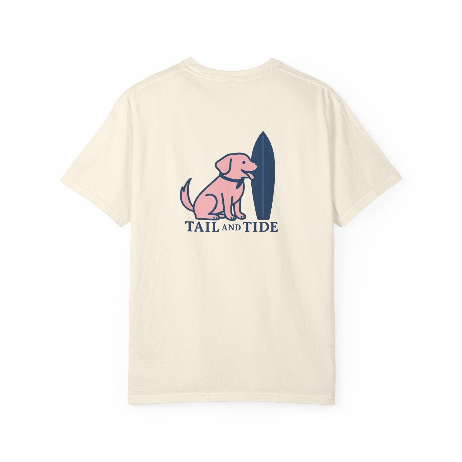 Woman wearing Labrador t-shirt with Tail & Tide pink dog and navy surfboard design, coastal dog mom lifestyle gear.