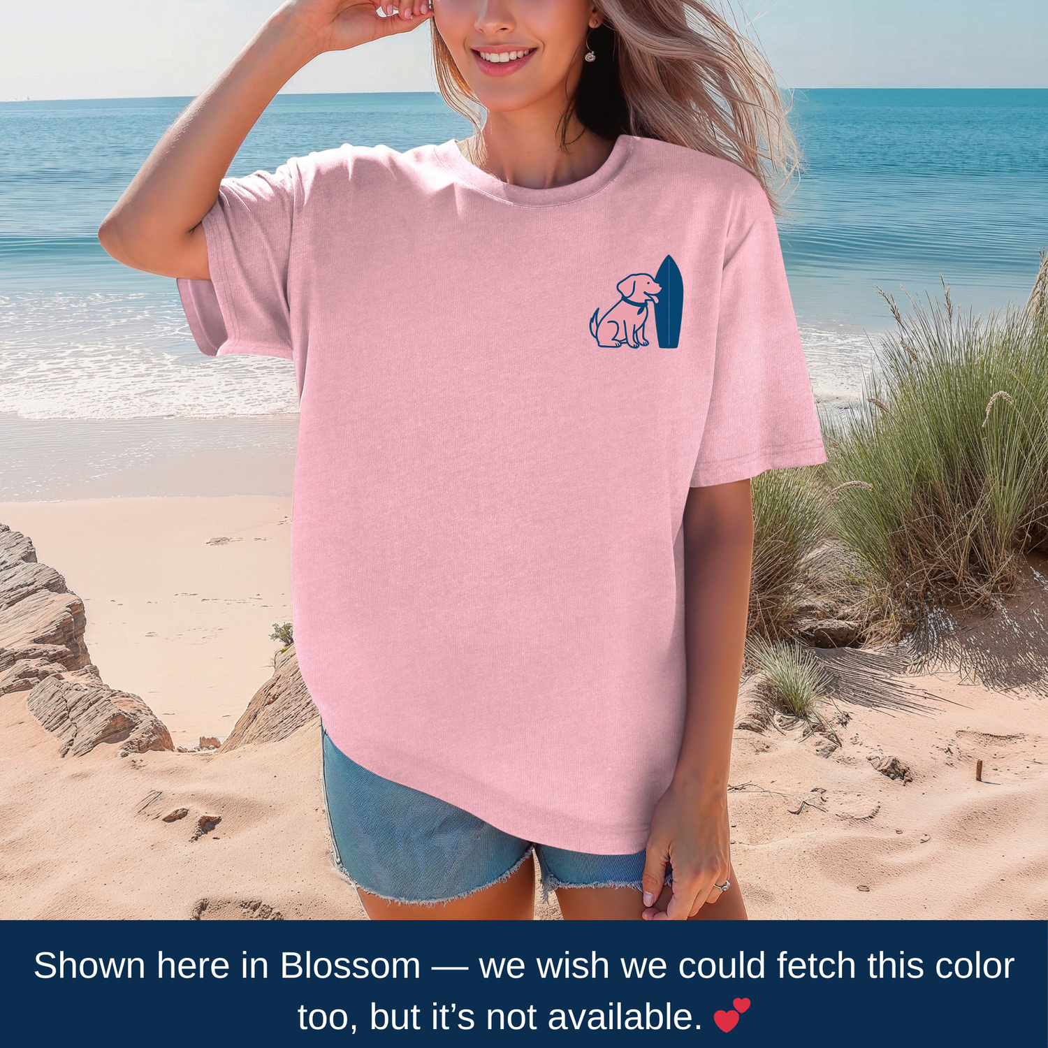 Lifestyle photo of coastal dog mom t-shirt with embroidered Labrador-inspired surfboard design – Tail & Tide Co