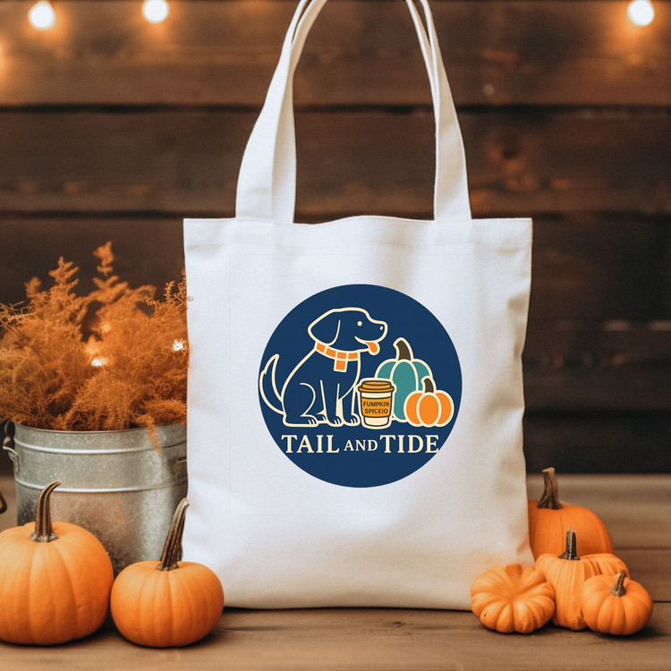 Labrador-inspired Dog Mom tote bag used at the beach, Tail & Tide coastal lifestyle gear.