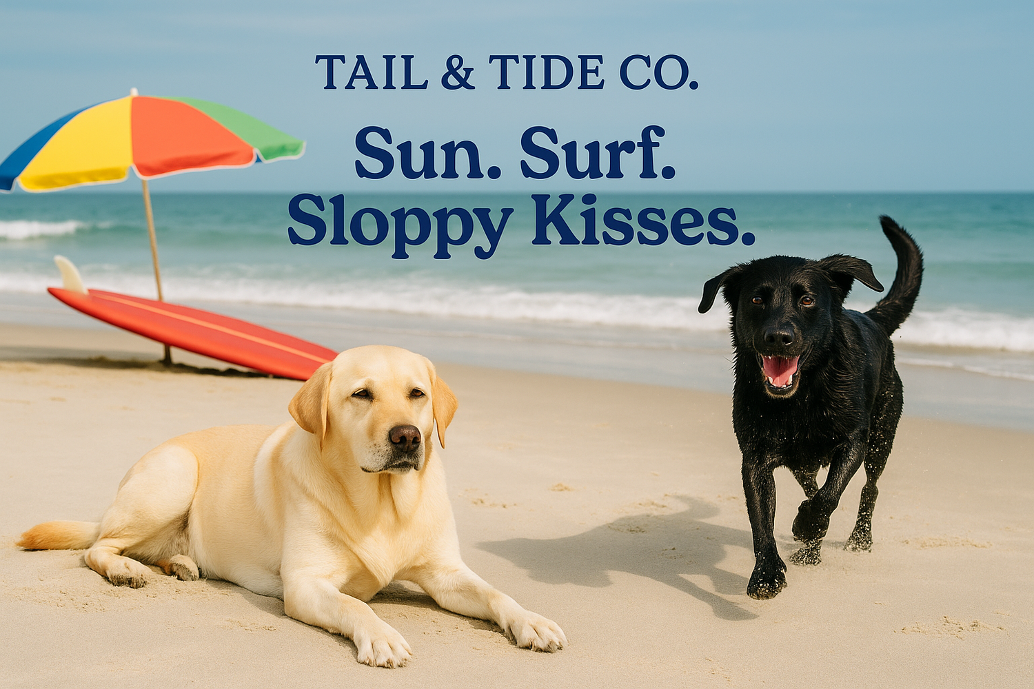 Tail & Tide Co. official logo featuring pink dog and navy surfboard, Labrador-inspired coastal dog mom lifestyle brand.