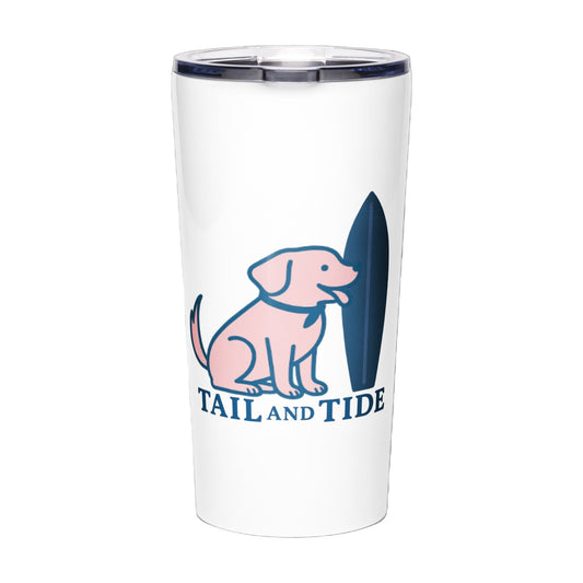 Pink dog and navy surfboard logo tumbler – Labrador inspired coastal dog mom drinkware