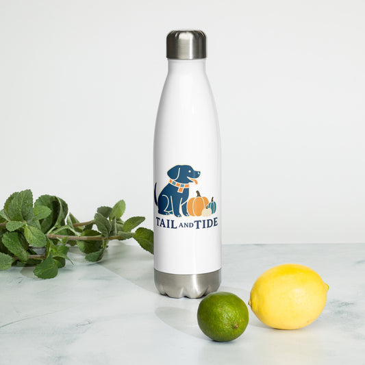 Fall Navy Labrador Sticker with pumpkins shown on a standing water bottle, coastal dog mom lifestyle accessory.