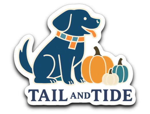 Straight-on view of Fall Navy Labrador Sticker featuring a navy Lab silhouette with three pumpkins, perfect coastal dog mom gear