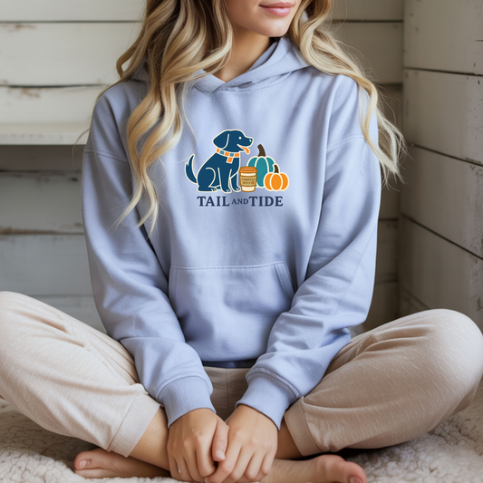 Lifestyle mockup of Light Blue Pumpkin Spice Dog Mom Hoodie – Coastal Labrador Inspired Dog Mom Sweatshirt