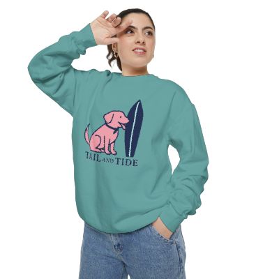 Seafoam Labrador crewneck sweatshirt, relaxed coastal dog mom pullover in beachy pastel lifestyle
