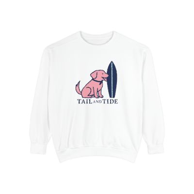 White Labrador crewneck sweatshirt with coastal Tail & Tide design, comfy beach dog mom style