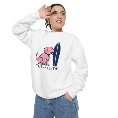 White Labrador crewneck sweatshirt with coastal Tail & Tide design, comfy beach dog mom style lifestyle