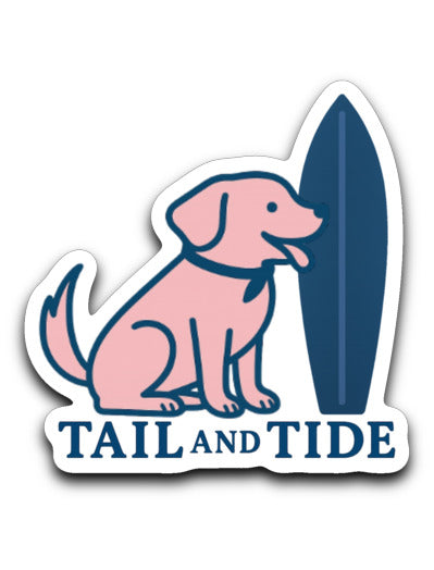 Straight-on view of Tail & Tide Co. logo sticker featuring a blush pink dog silhouette with a navy surfboard, coastal dog mom design.