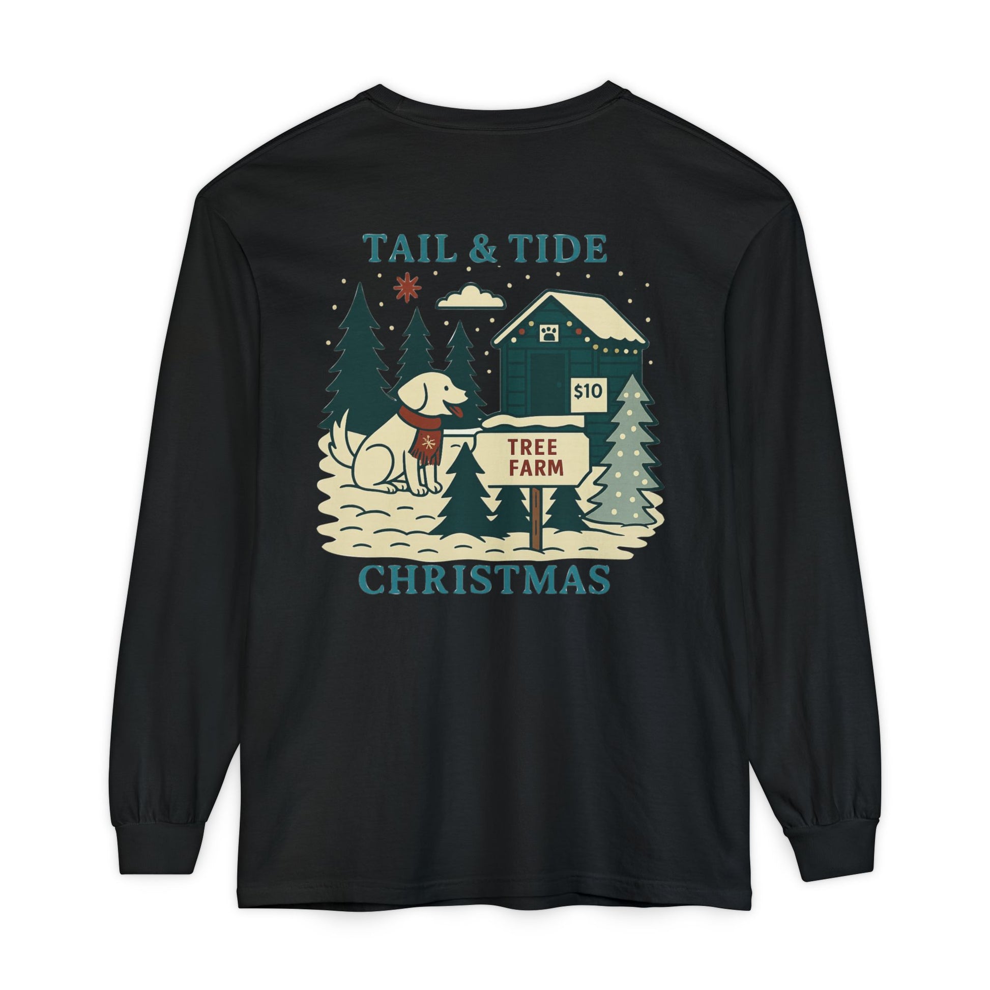 Coal Bin Black Tail & Tide Tree Farm Long Sleeve Tee back design with Tail & Tide logo and coastal holiday snowflakes
