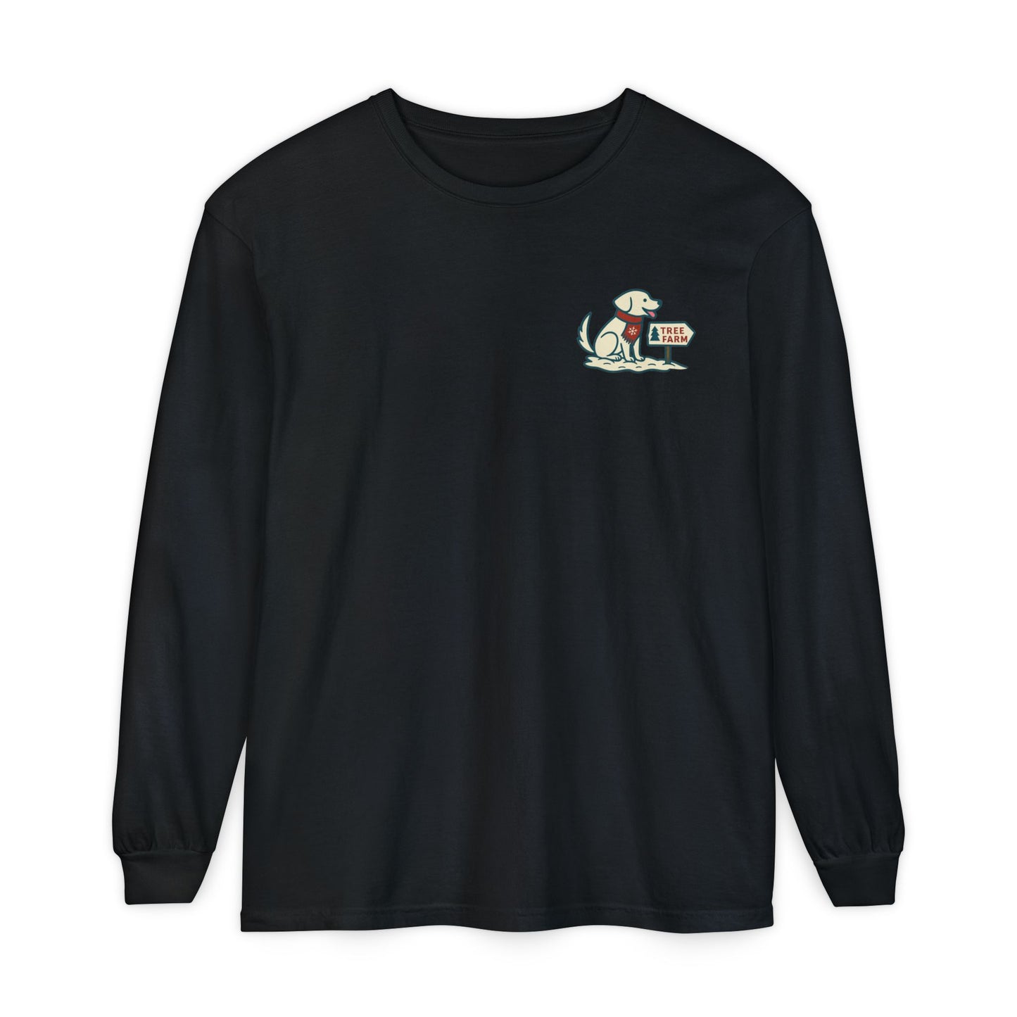 Coal Bin Black Tail & Tide Tree Farm Long Sleeve Tee front design with Labrador at tree farm and snowfall