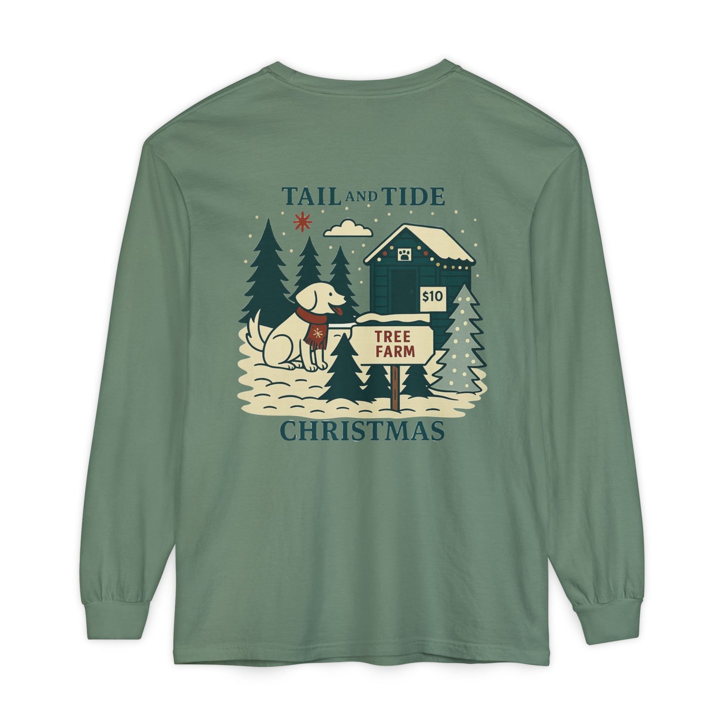 Fraser Fir Green Tail & Tide Tree Farm Long Sleeve Tee back design with Tail & Tide logo and coastal holiday snowflakes