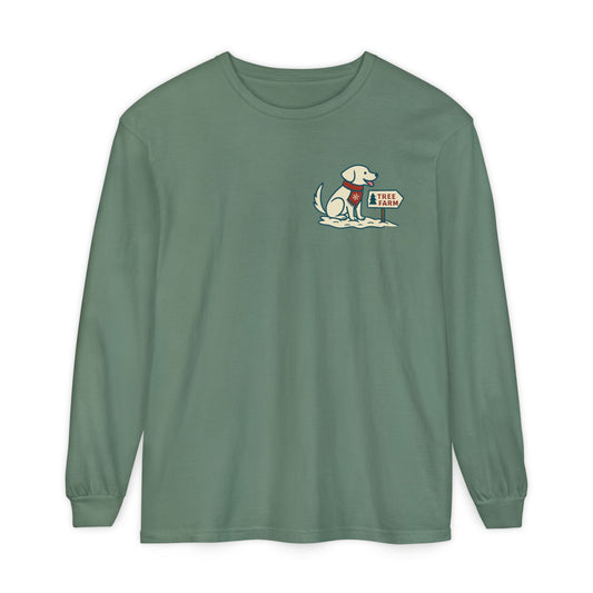 Fraser Fir Green Tail & Tide Tree Farm Long Sleeve Tee front design with Labrador at tree farm and snowfall