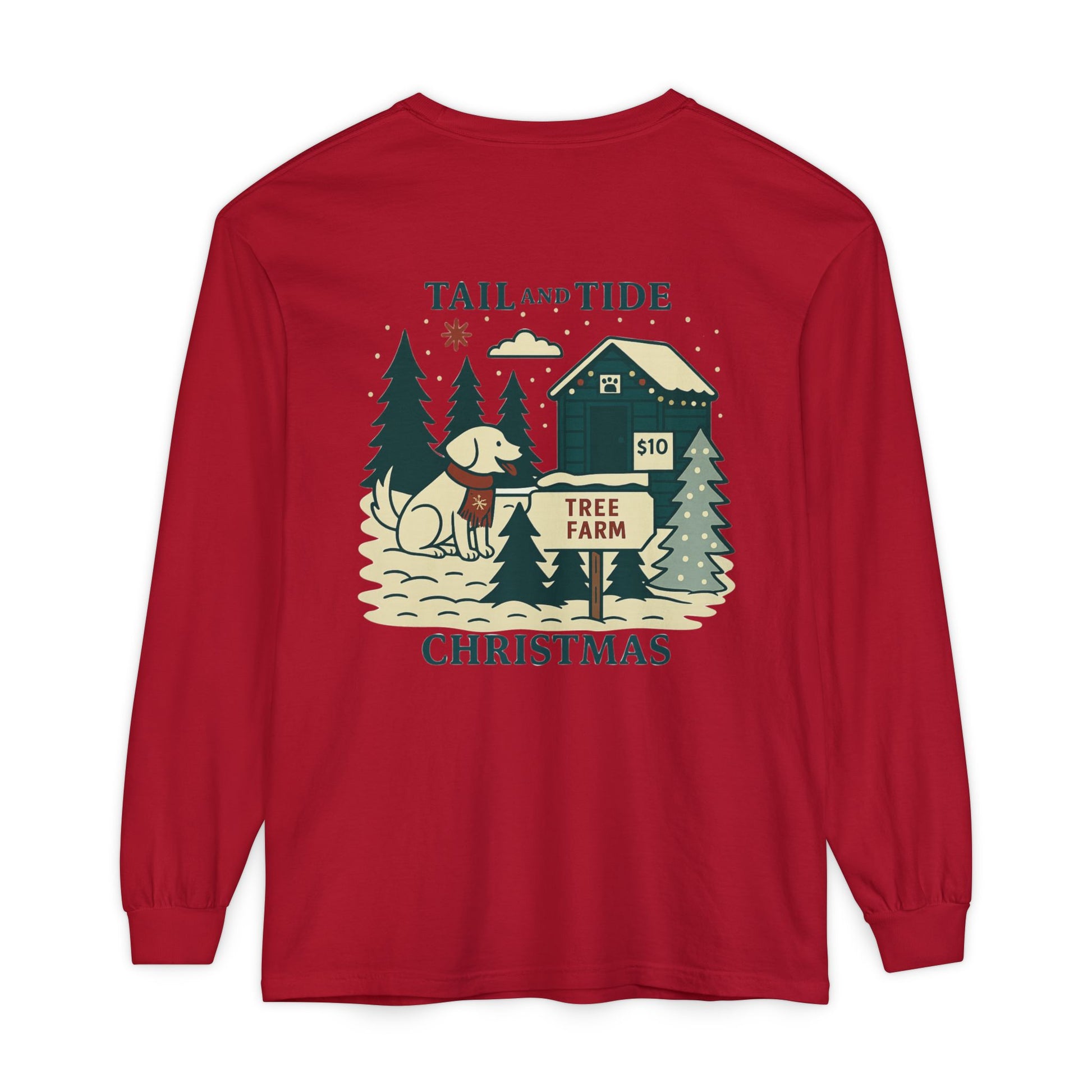Jingle Bell Red Tail & Tide Tree Farm Long Sleeve Tee back design with Tail & Tide logo and coastal holiday snowflakes