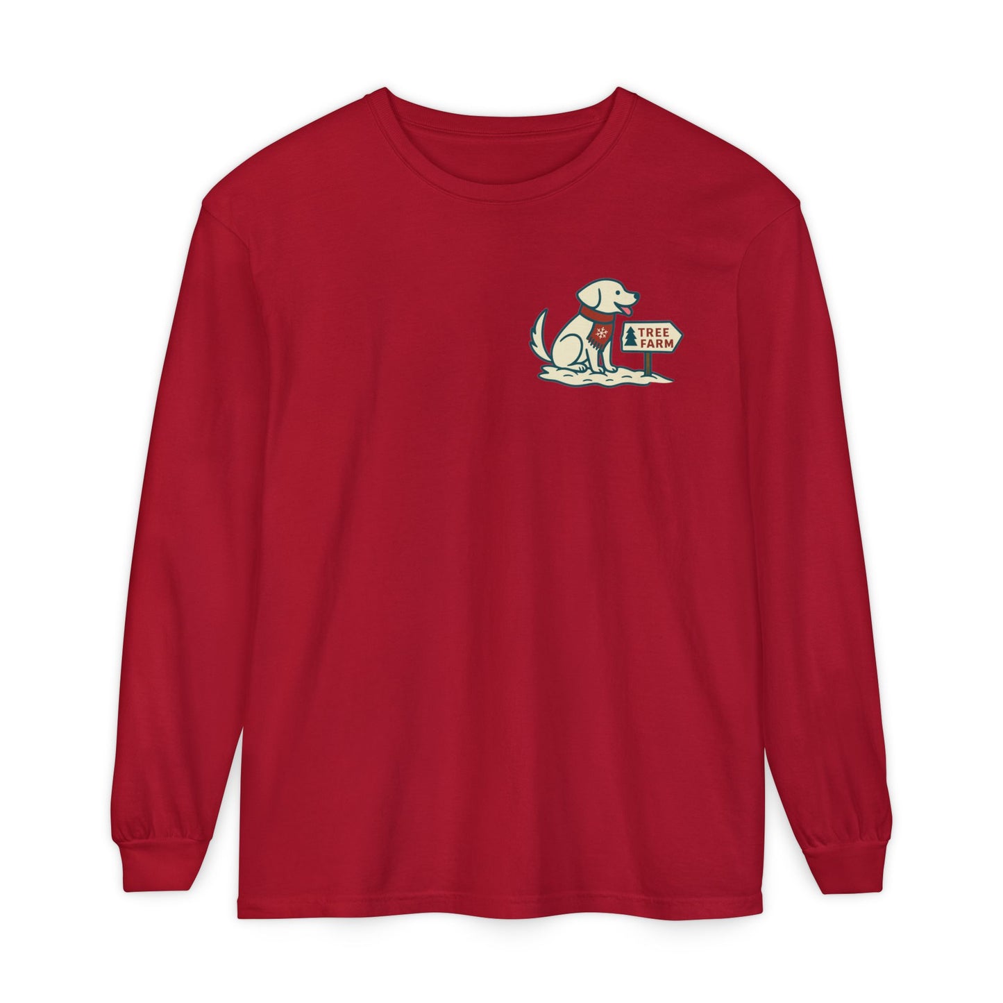 Jingle Bell Red Tail & Tide Tree Farm Long Sleeve Tee front design with Labrador at tree farm and snowfall