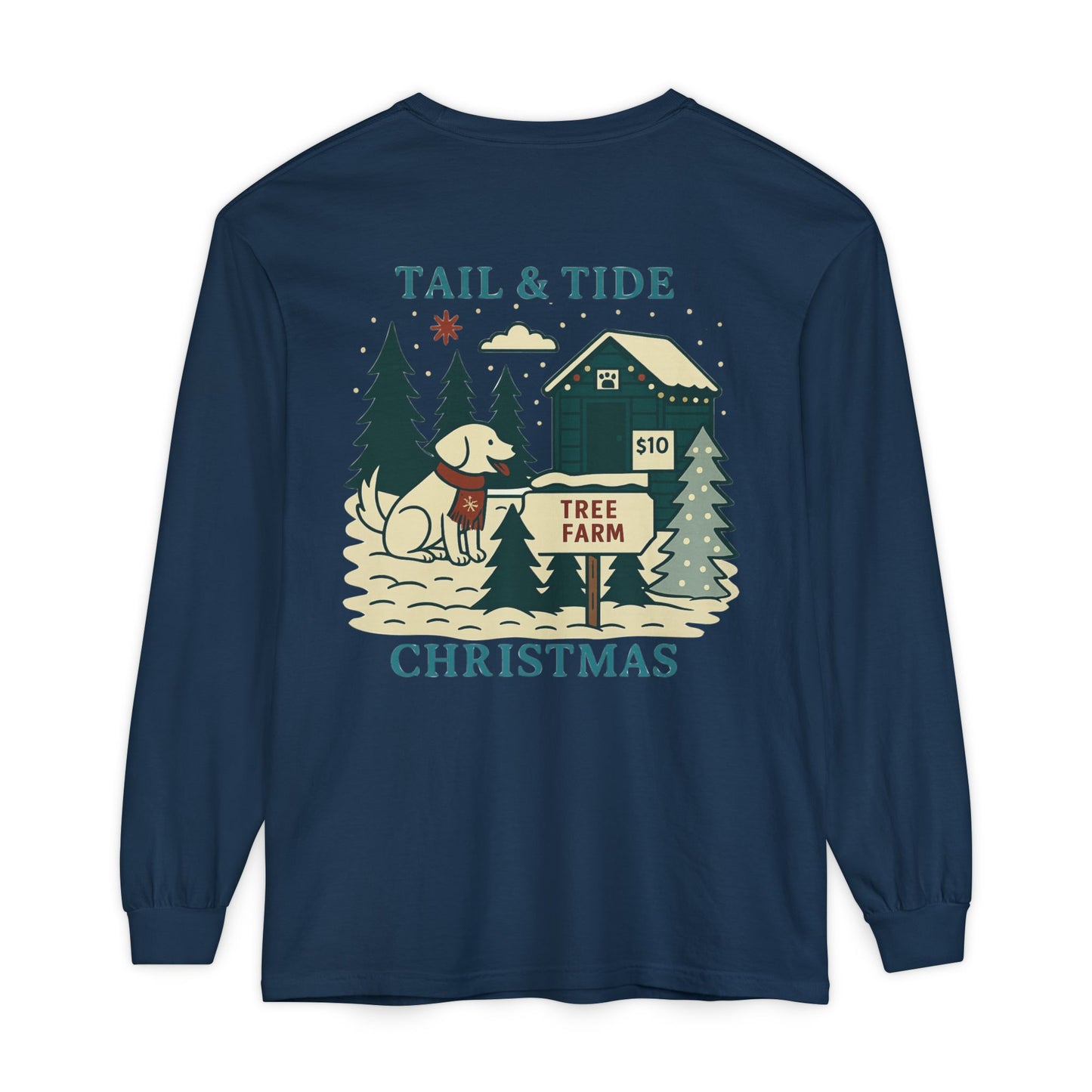 Midnight Pines Navy Tail & Tide Tree Farm Long Sleeve Tee back design with Tail & Tide logo and coastal holiday snowflakes