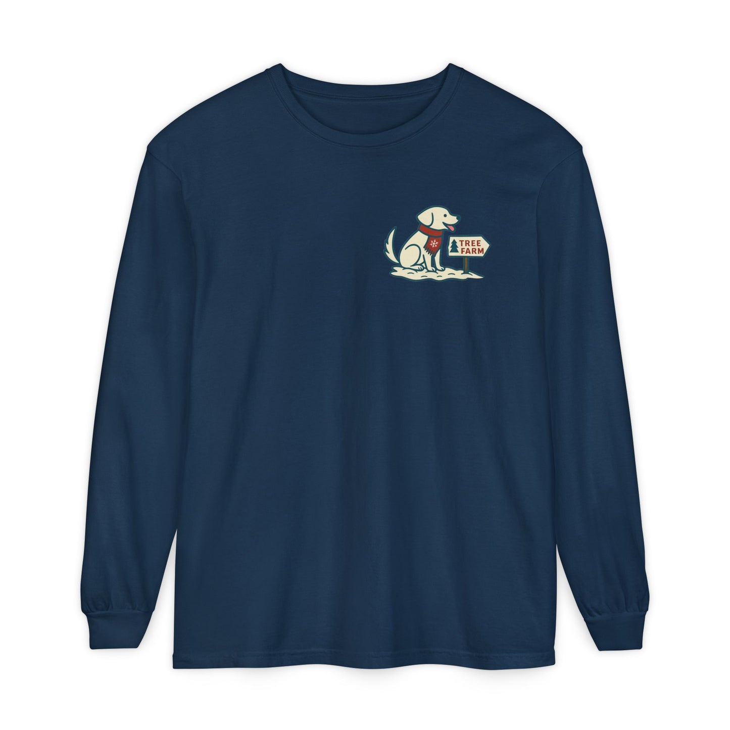 Midnight Pines Navy Tail & Tide Tree Farm Long Sleeve Tee front design with Labrador at tree farm and snowfall