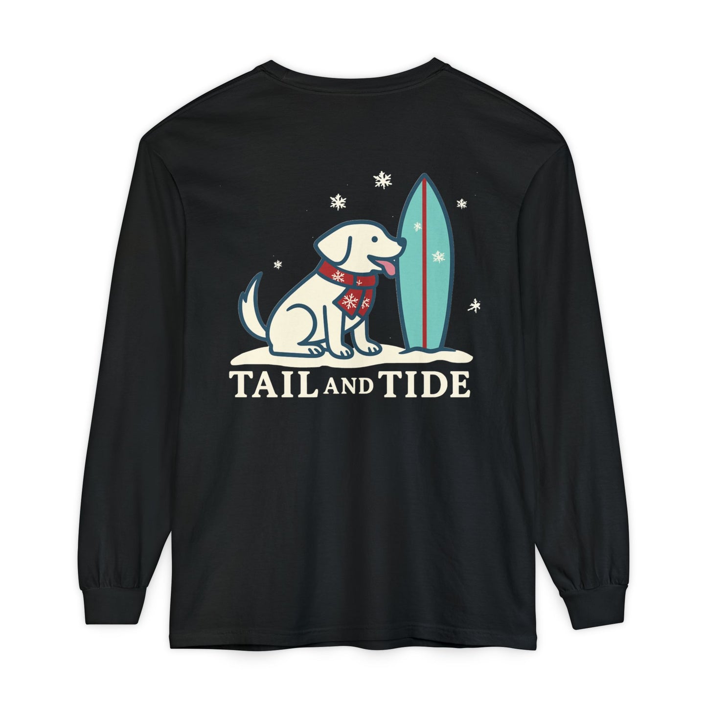 Back of black Labrador-inspired winter tee showing the Tail & Tide vintage winter dog-and-surfboard logo in snowy scene.