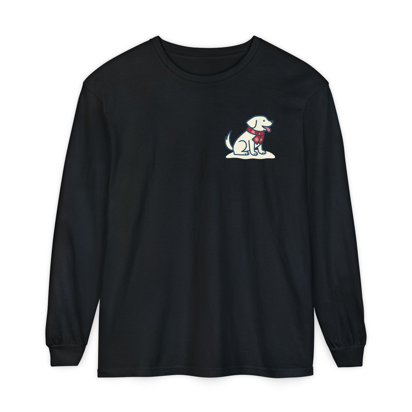 Black long sleeve tee featuring Tail & Tide’s vintage winter logo with cream Labrador, teal surfboard, red stringer, and white snowflakes.