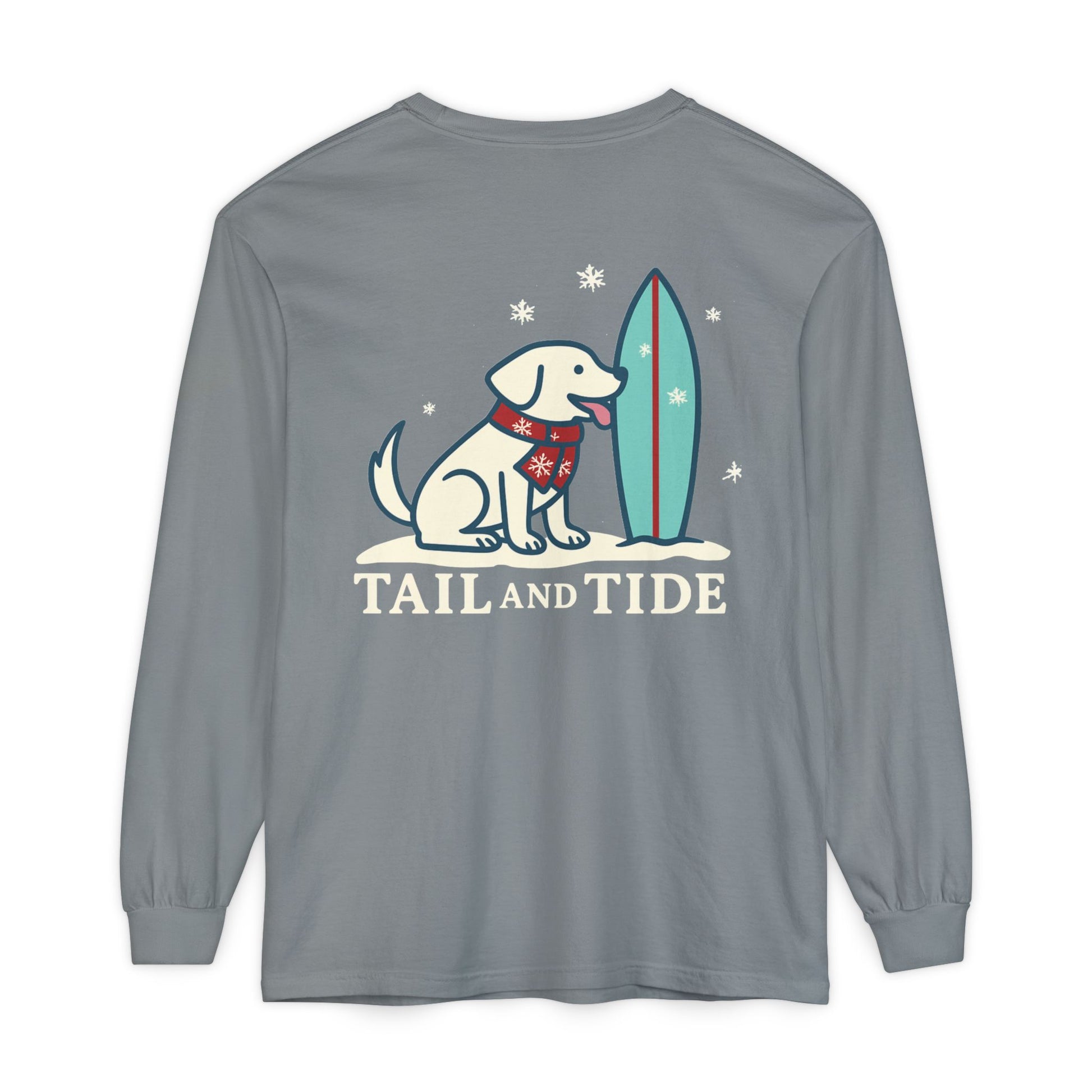 Back of granite long sleeve tee featuring the Tail & Tide winter logo with cream Labrador, teal surfboard, and snowy details.