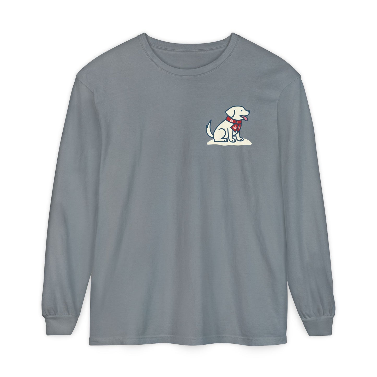 Granite grey long sleeve tee with Tail & Tide’s vintage winter Labrador-and-surfboard logo with snowflakes.
