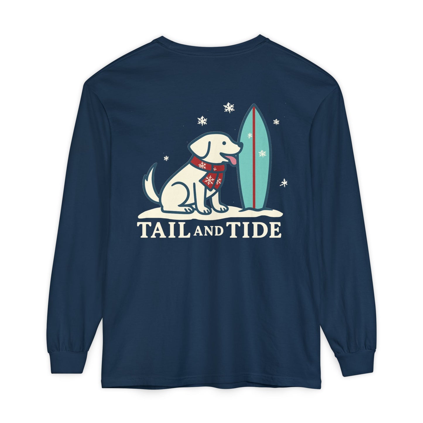 Back view of navy winter long sleeve tee with Tail & Tide’s vintage winter Labrador-and-surfboard logo on a snowy mound.