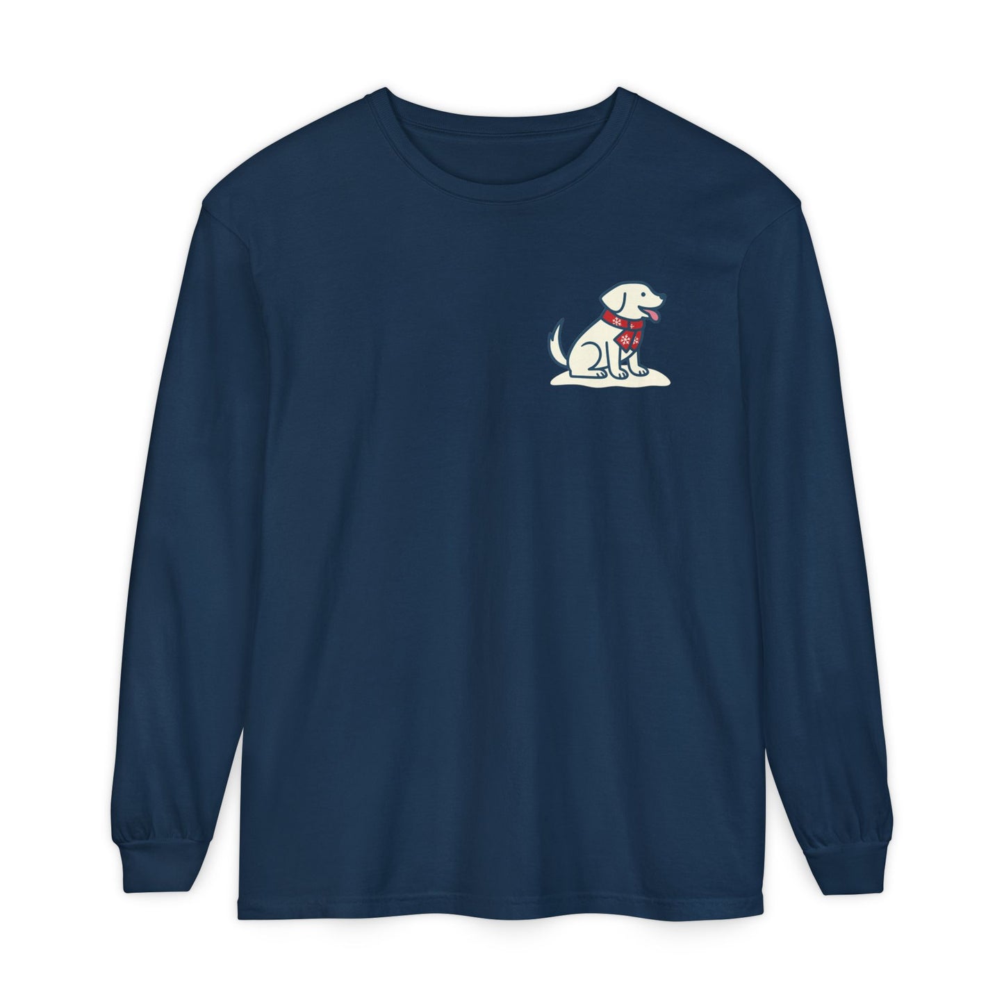 Cozy navy long sleeve shirt with the Tail & Tide vintage winter logo featuring a cream Labrador, teal surfboard, red stringer, and falling snowflakes.