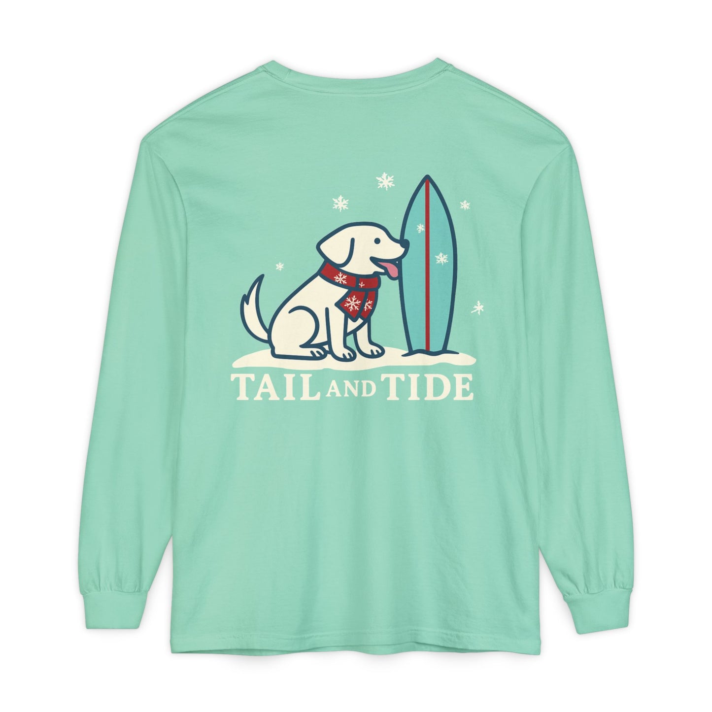 Back view of teal winter long sleeve shirt featuring the Tail & Tide vintage winter dog-and-surfboard snowy logo.