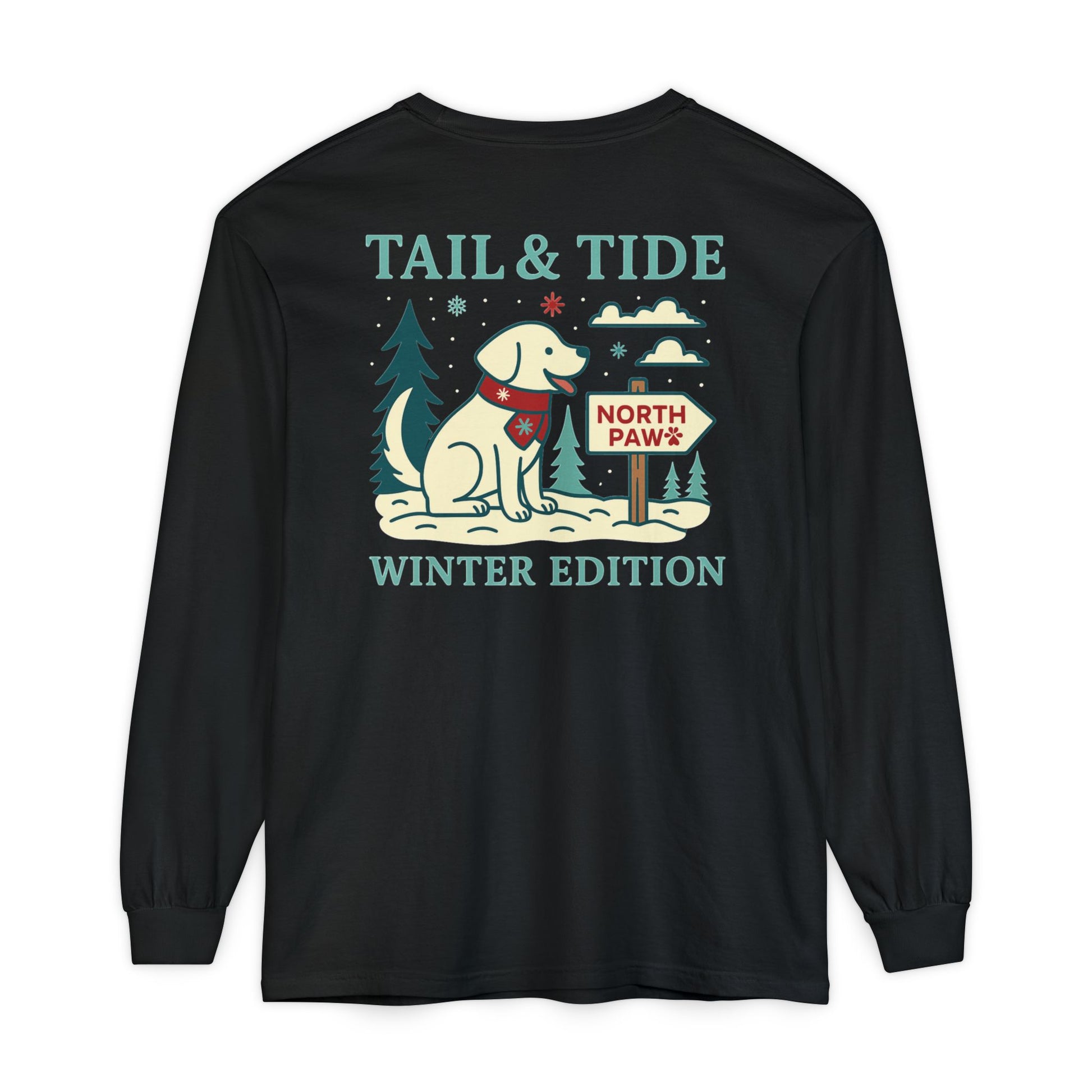 Winter Edition long-sleeve shirt in Coal Bin Black with full North Paw holiday scene and surfing Labrador (back print)