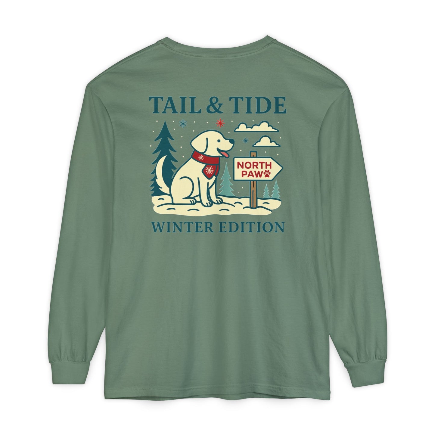 Back of Tail & Tide Co. Winter Edition long sleeve shirt in Fraser Fir Green featuring North Paw holiday surfboard dog design with snowflakes.