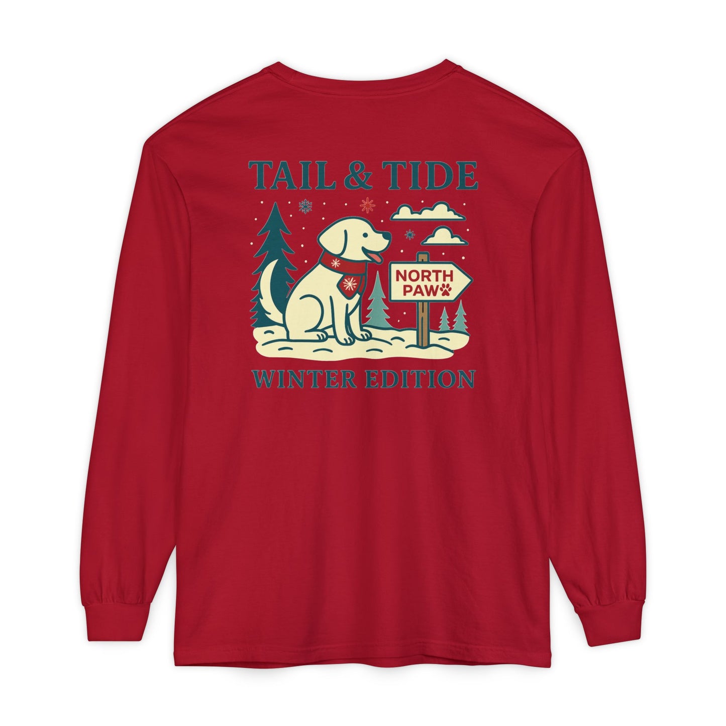 Back of Tail & Tide Co. Winter Edition long sleeve tee in Jingle Bell Red featuring holiday North Paw Labrador surfboard design with snowflakes.