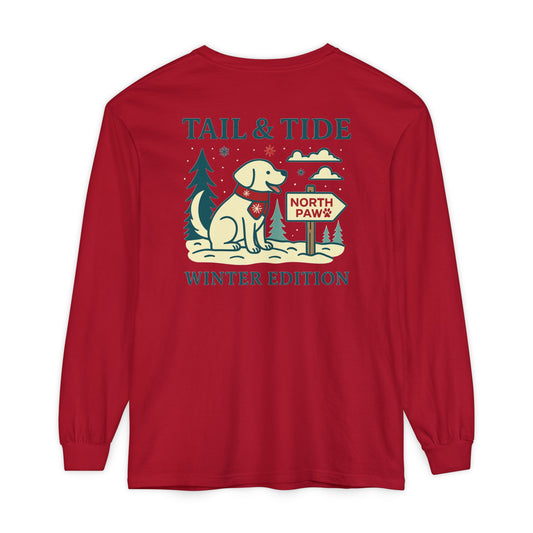 Back of Tail & Tide Co. Winter Edition long sleeve tee in Jingle Bell Red featuring holiday North Paw Labrador surfboard design with snowflakes.
