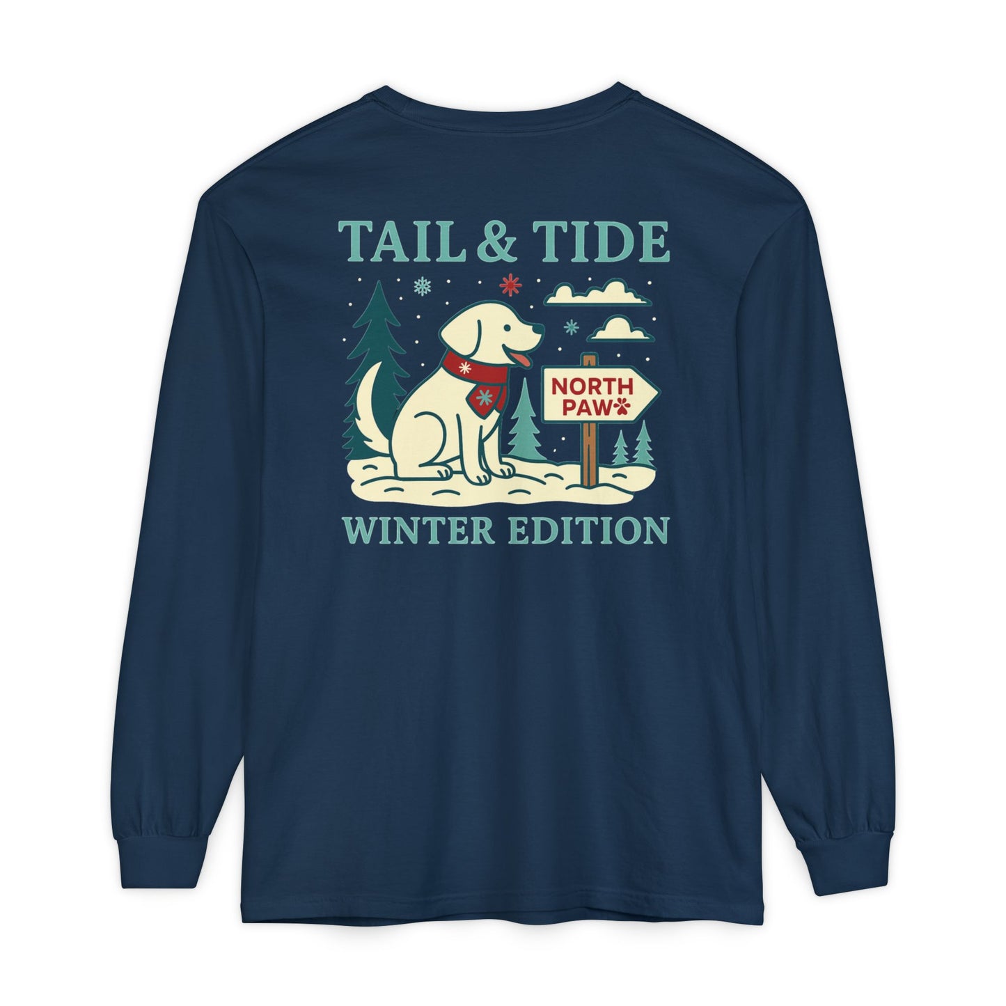 Winter Edition long-sleeve shirt in Midnight Pines Navy with full North Paw holiday scene and surfing Labrador (back print)