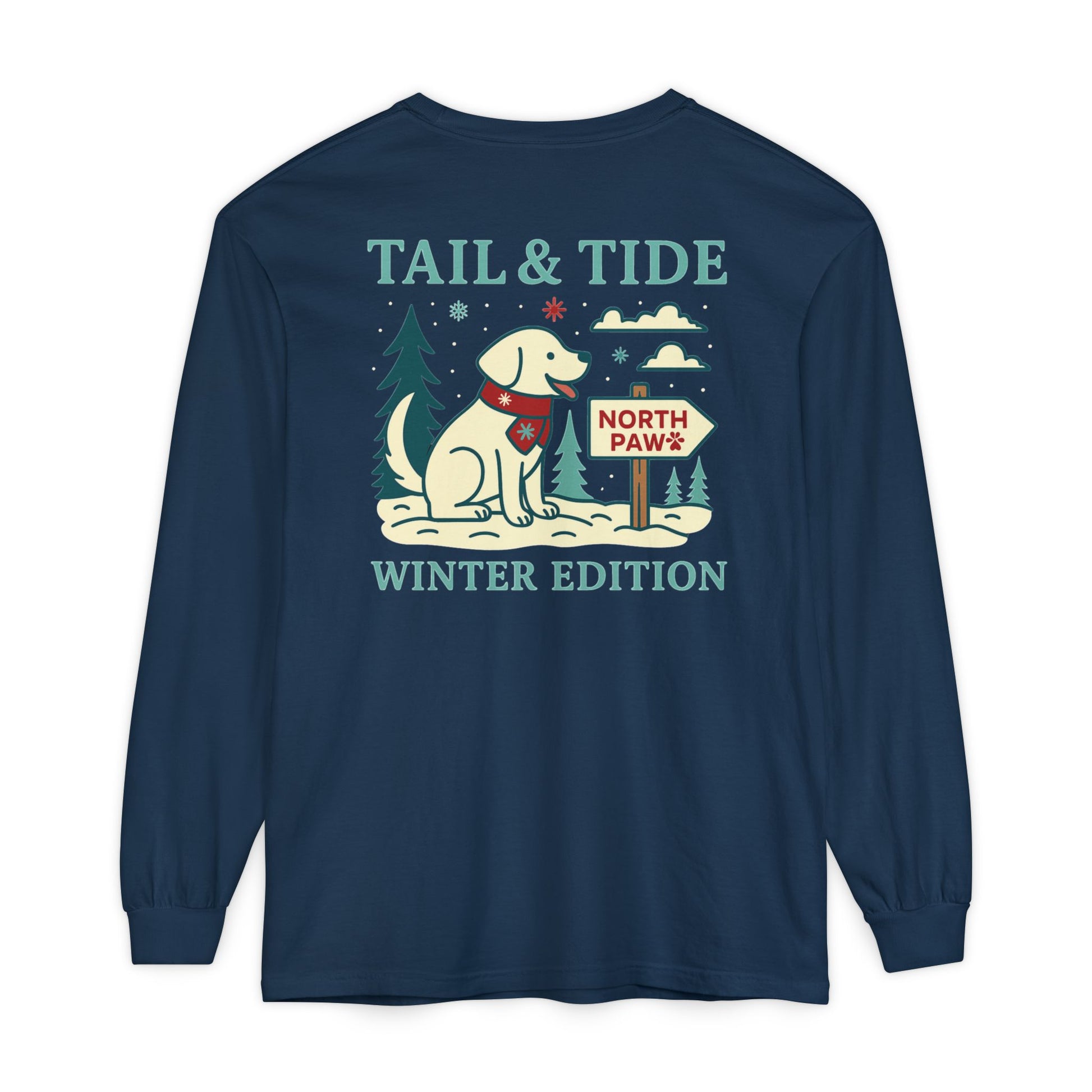 Winter Edition long-sleeve shirt in Midnight Pines Navy with full North Paw holiday scene and surfing Labrador (back print)