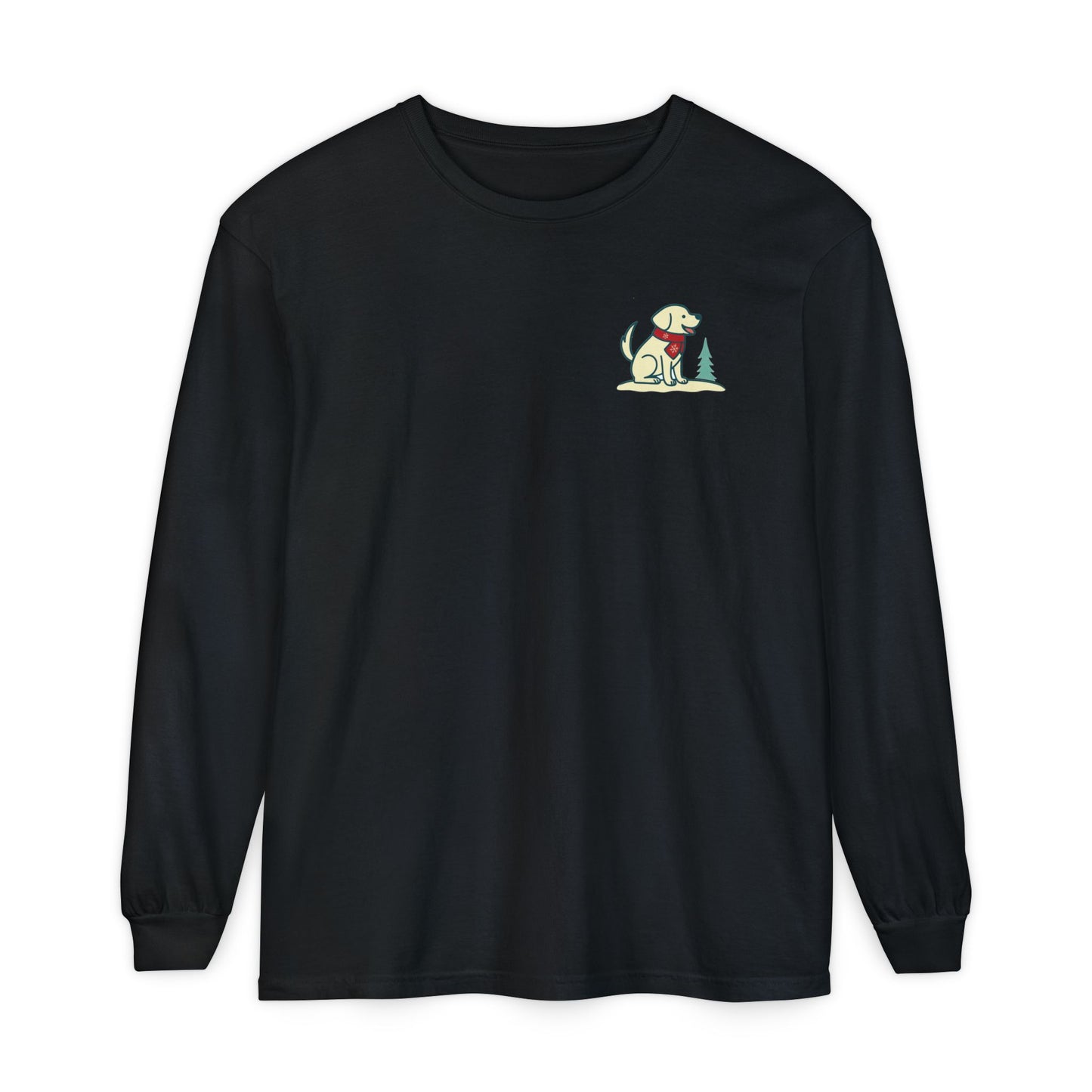 Winter Edition long-sleeve shirt in Coal Bin Black featuring Tail & Tide’s Labrador with surfboard holiday design (front print)