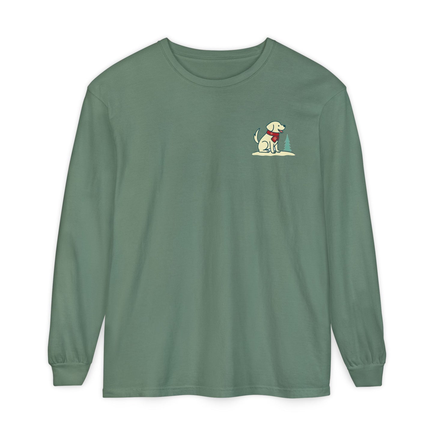 Tail & Tide Co. Winter Edition long sleeve shirt in Fraser Fir Green with North Paw dog design on front — Labrador-inspired holiday tee