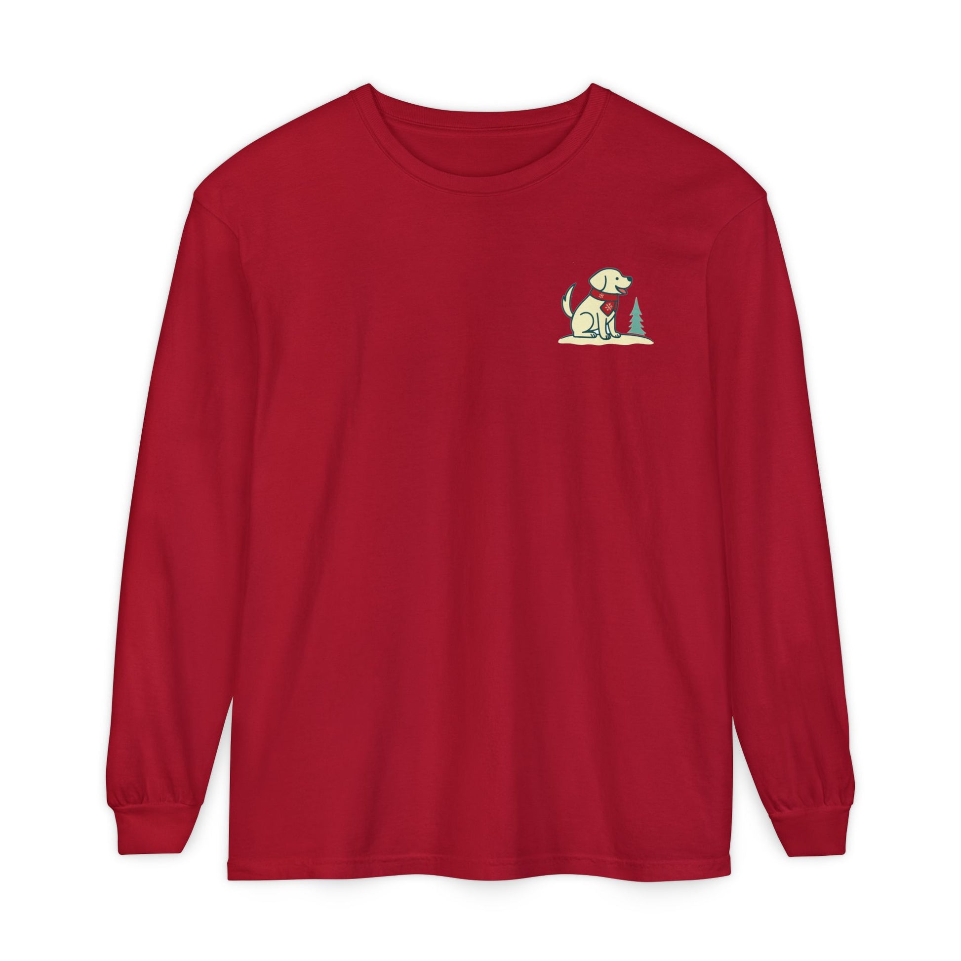 Tail & Tide Co. Winter Edition long sleeve shirt in Jingle Bell Red with North Paw dog holiday graphic — festive Labrador shirt for dog moms.
