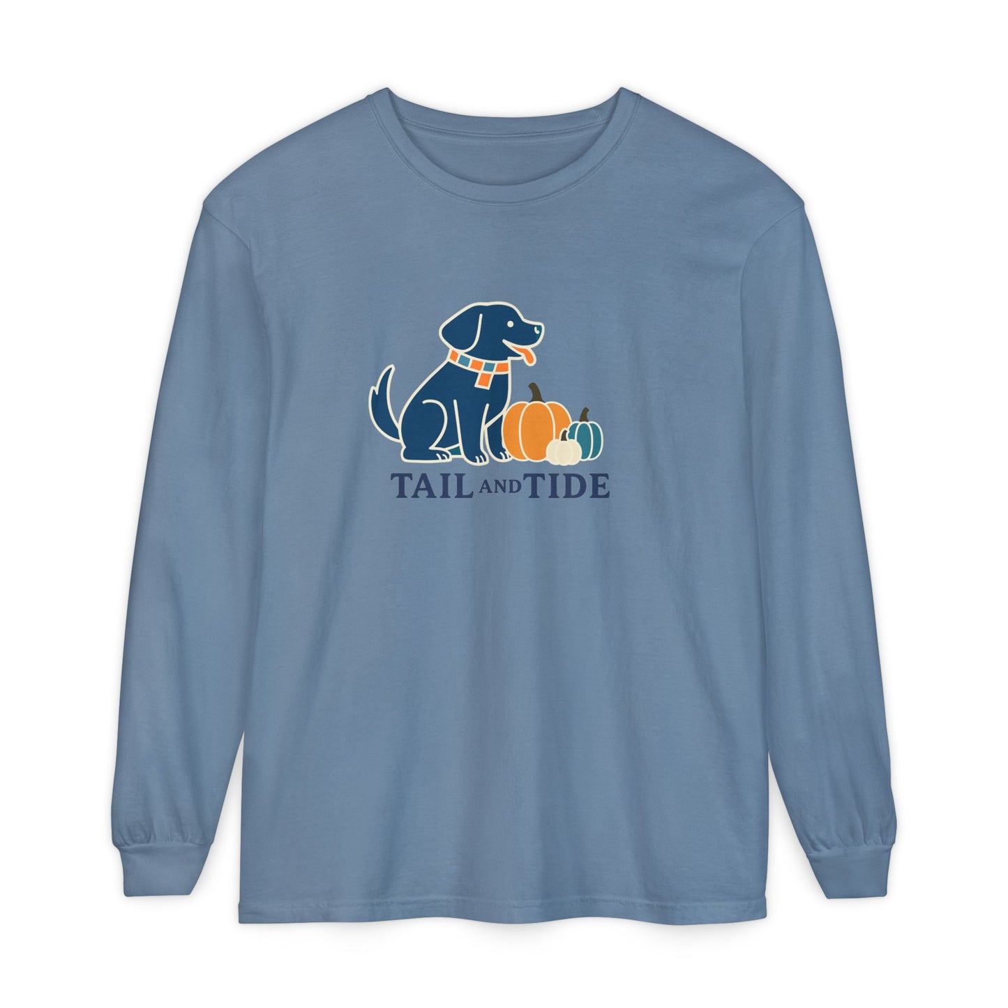 Blue Jean Comfort Colors long sleeve with Labrador-inspired three pumpkin design – Tail & Tide Co