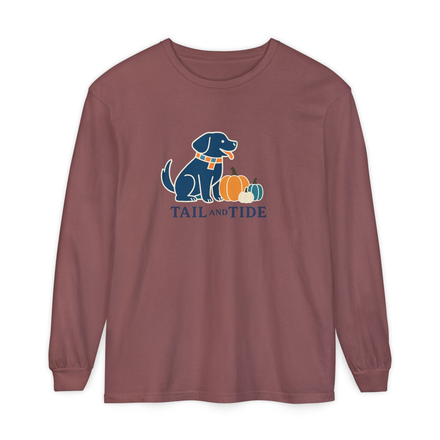 Brick Comfort Colors long sleeve with Labrador-inspired three pumpkin design – Tail & Tide Co.