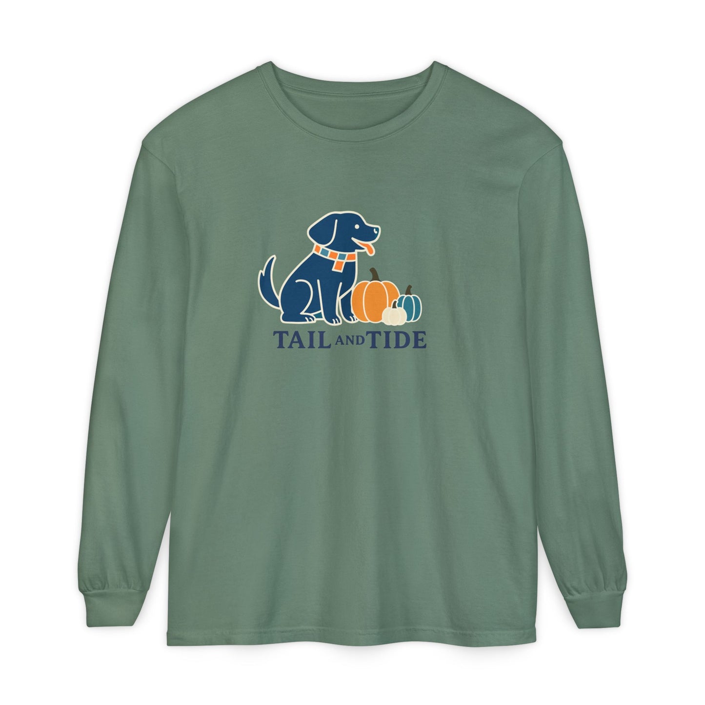 Light Green Comfort Colors long sleeve with Labrador-inspired three pumpkin design – Tail & Tide Co.
