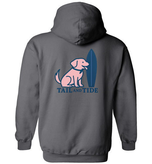 Charcoal gray Vintage Tail & Tide Logo Hoodie with vintage dog and surfboard graphic on back, Labrador-inspired hoodie.