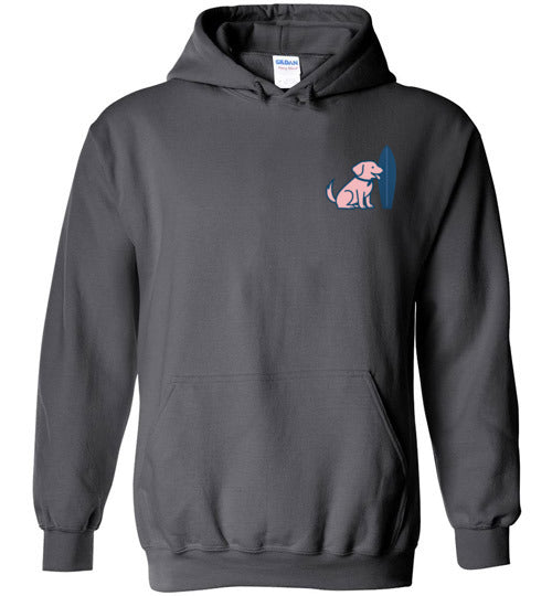 Charcoal gray Vintage Tail & Tide Logo Hoodie with pink dog and navy surfboard logo on front chest, cozy coastal dog mom hoodie.