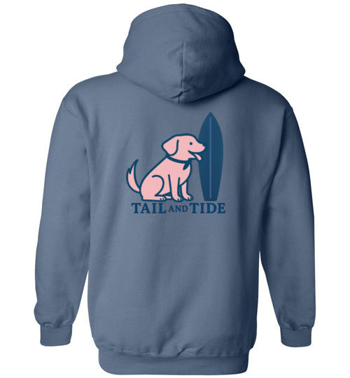 Indigo blue Vintage Tail & Tide Logo Hoodie with vintage surfboard and dog graphic on back, coastal dog mom sweatshirt.